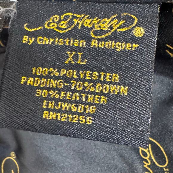 Ed Hardy NWT Size XL Y2K Gold Down Puffer Coat Embroidered Roses Skulls Hooded - Picture 14 of 16